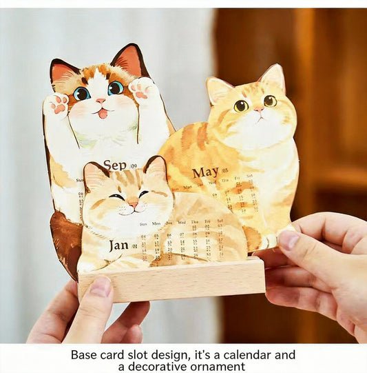 High-Aesthetic Healing Cat Design with Wooden Base, Dual-Purpose Desktop Decor & Calendar