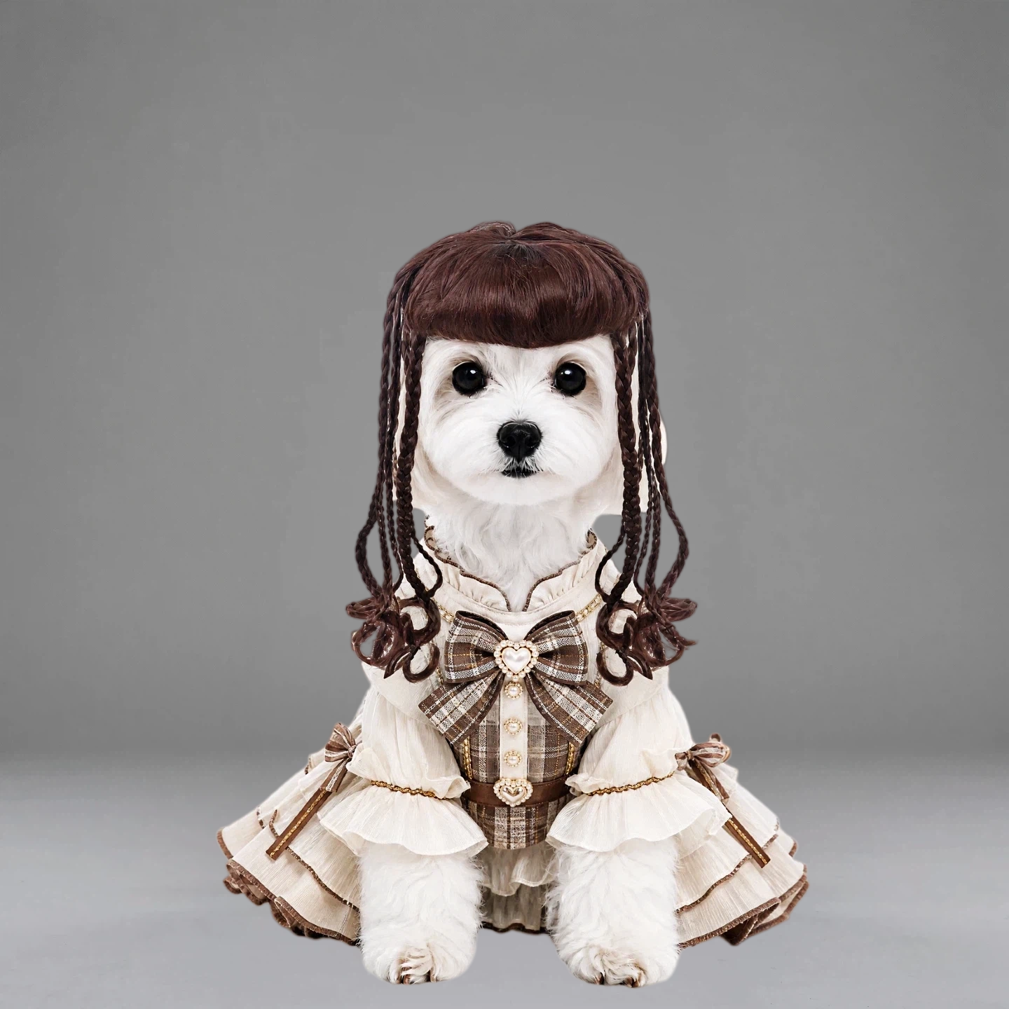 Brown Braided Pet Wig, Cute Gothic Lolita Style Wig with Bangs for Small Dogs & Cats