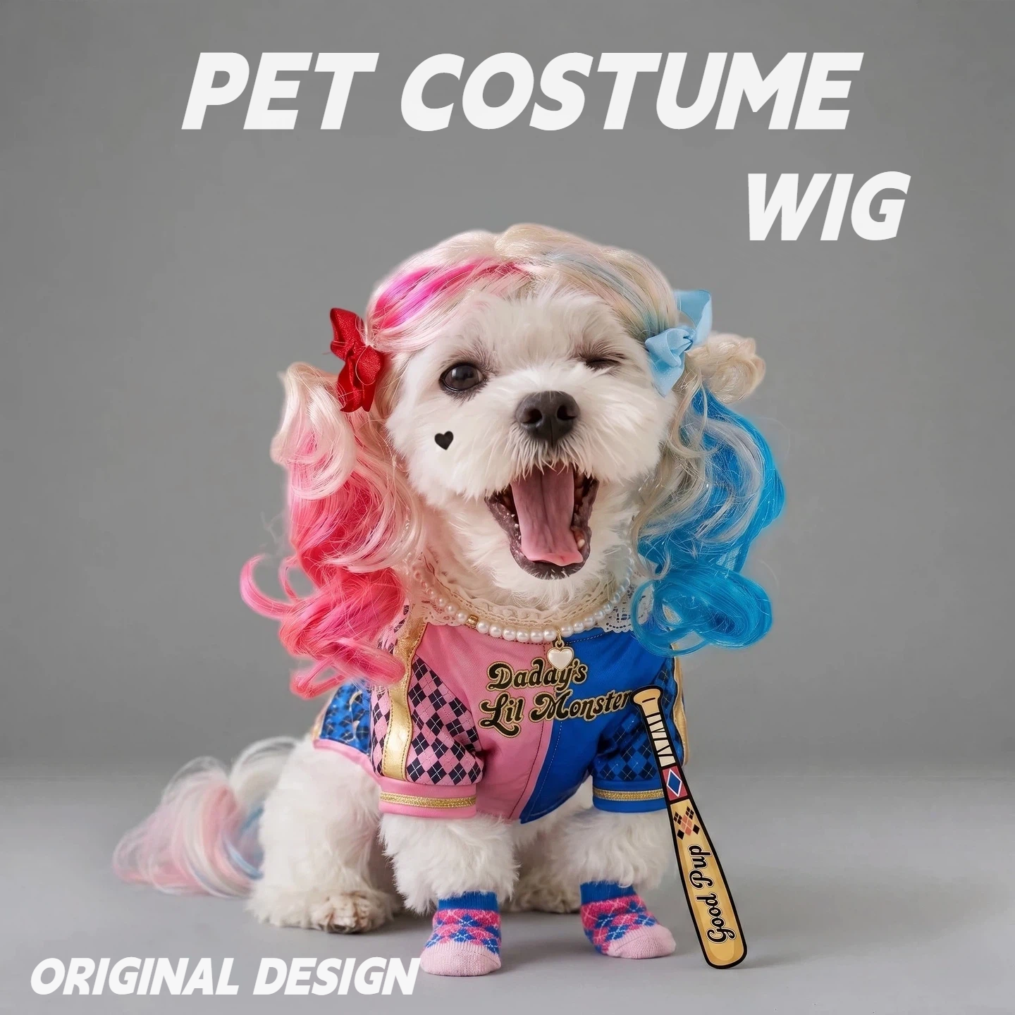 Red & Blue Twin Ponytail Pet Wig – Funny Punk Costume Hairpiece for Dogs & Cats