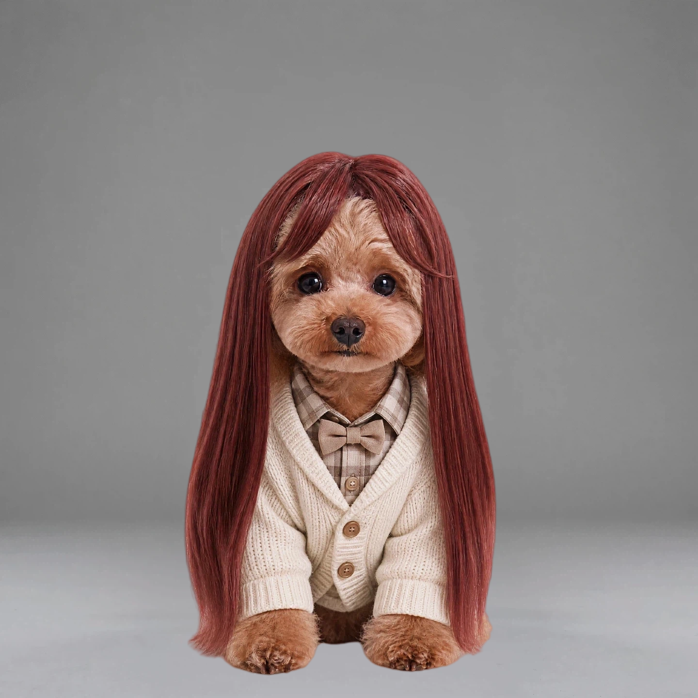 Burgundy Long Hair Pet Wig for Dogs & Cats – Stylish Costume Hairpiece for Cute Photos & Dress-Up