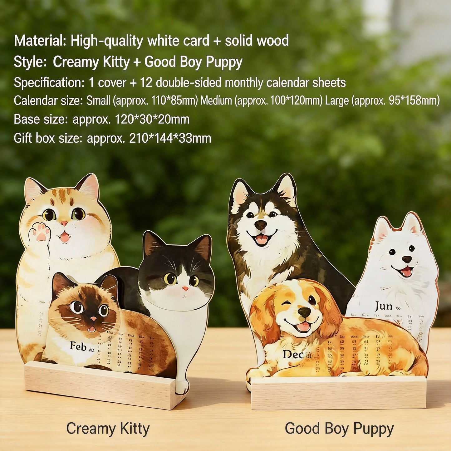 High-Aesthetic Healing Cat Design with Wooden Base, Dual-Purpose Desktop Decor & Calendar