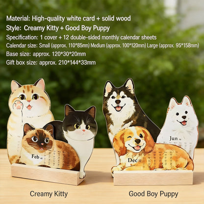 High-Aesthetic Healing Cat Design with Wooden Base, Dual-Purpose Desktop Decor & Calendar