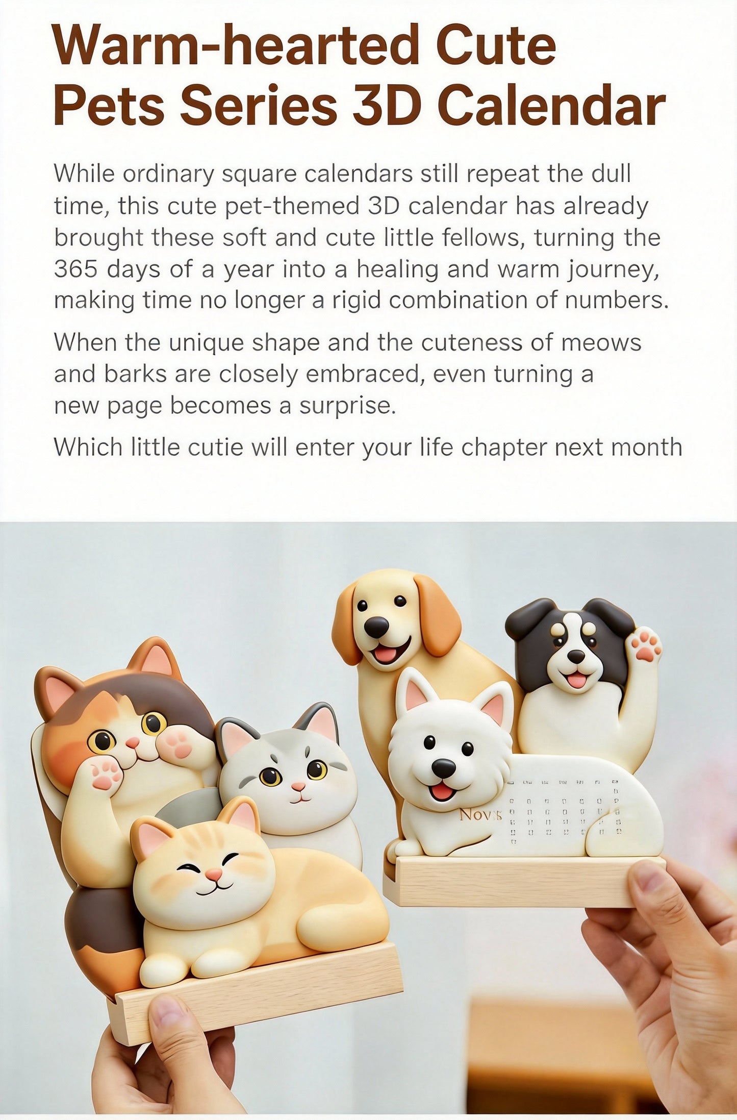 High-Aesthetic Healing Cat Design with Wooden Base, Dual-Purpose Desktop Decor & Calendar