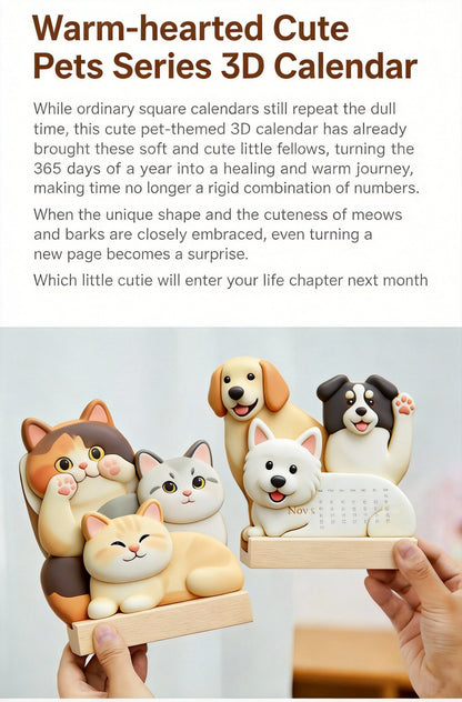 High-Aesthetic Healing Cat Design with Wooden Base, Dual-Purpose Desktop Decor & Calendar
